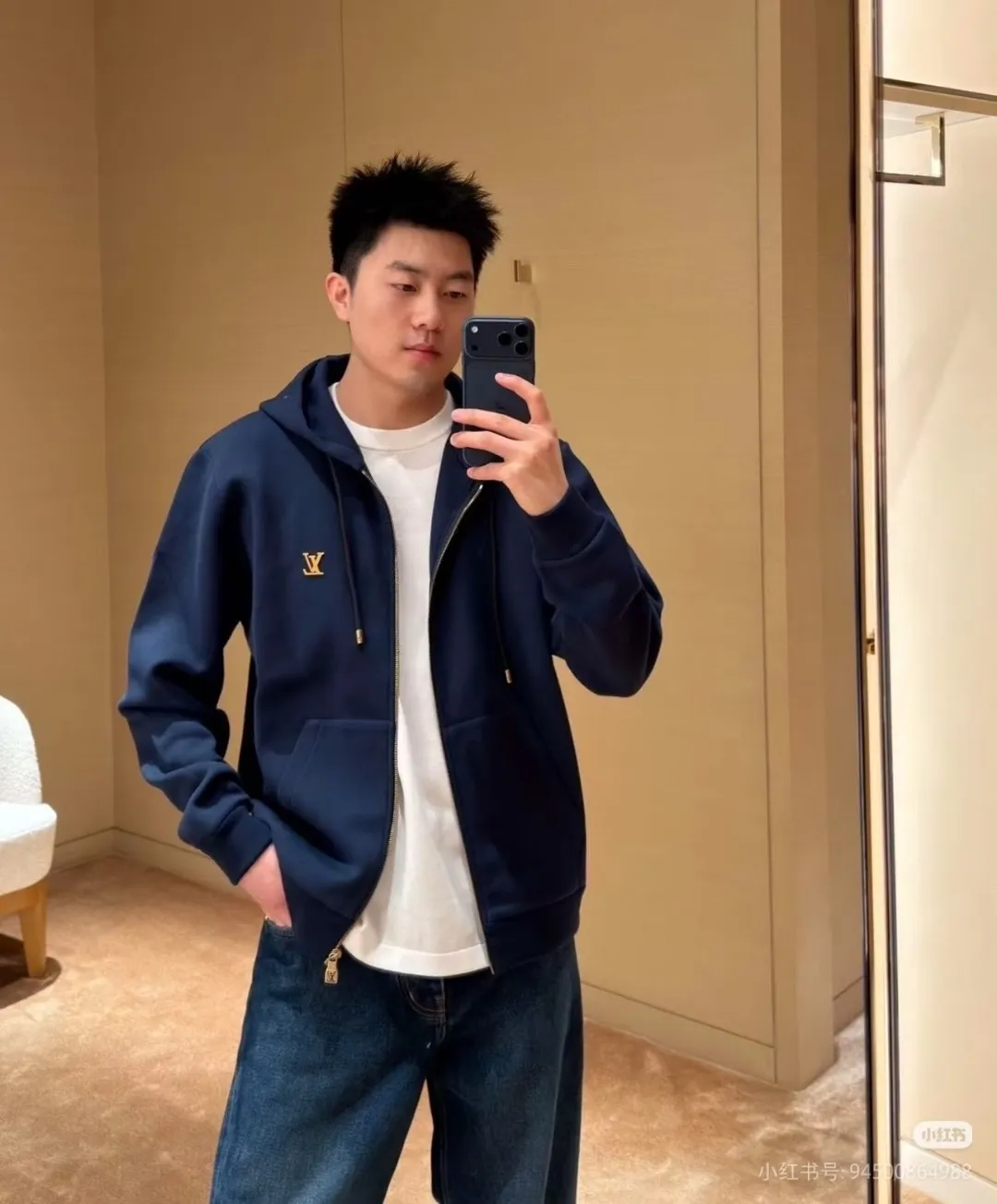 Louis Vuitton/Louis Vuitton leather logo zipper hooded jacket